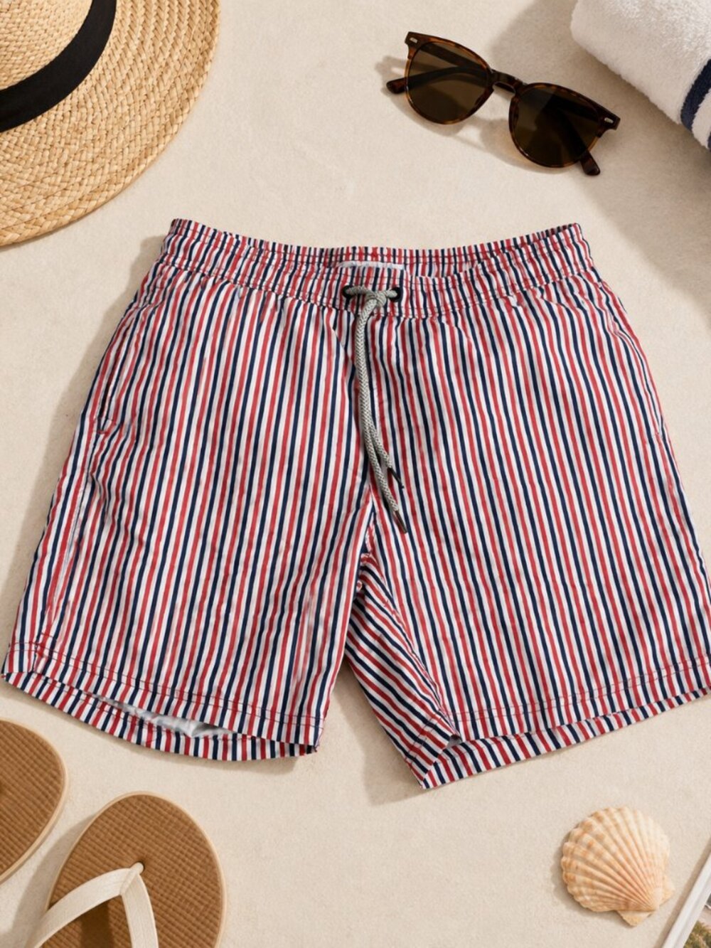 maamgic Men’s Red White Blue Striped Swim Trunks
